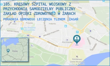 PORADNIA DOMOWEGO LECZENIA TLENEM - 105. KRESOWY SZPITAL WOJSKOWY Z PRZYCHODNIĄ SAMODZIELNY PUBLICZNY ZAKŁAD OPIEKI ZDROWOTNEJ W ŻARACH - UL. ŻELAZNA 1A,  ŻAGAŃ
