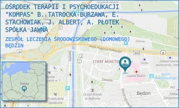 ZESPÓŁ LECZENIA ŚRODOWISKOWEGO (DOMOWEGO) - OŚRODEK TERAPII I PSYCHOEDUKACJI "KOMPAS" B. TATROCKA-BURZAWA, E. STACHOWIAK, J. ALBERT, A. PŁOTEK SPÓŁKA JAWNA - UL. MODRZEJOWSKA 27,  BĘDZIN