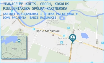 GABINET PIELĘGNIARKI I OPIEKA PALIATYWNA W DOMU PACJENTA - "PANACEUM" KULIŚ, GROCH, KOKOLUS PIELĘGNIARSKA SPÓŁKA PARTNERSKA - KOŚCIUSZKI 1,  BANIE MAZURSKIE
